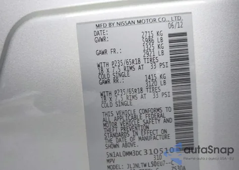 2013 Infiniti Jx35 from USA, damaged, VIN 5N1AL0MM3DC310510